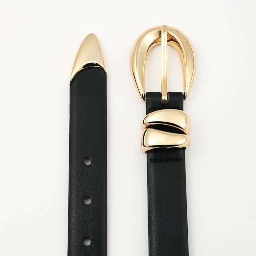 Women's Black Faux Leather Belt with Gold Buckle