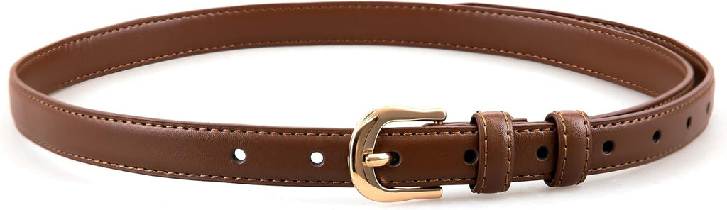 Women's Skinny Leather Belt with Gold Buckle | Thin Waist Belt