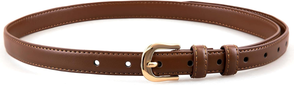 Women's Skinny Leather Belt with Gold Buckle | Thin Waist Belt