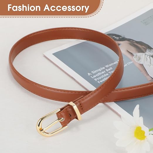 Women's Skinny Faux Leather Belt with Gold or Silver Buckle