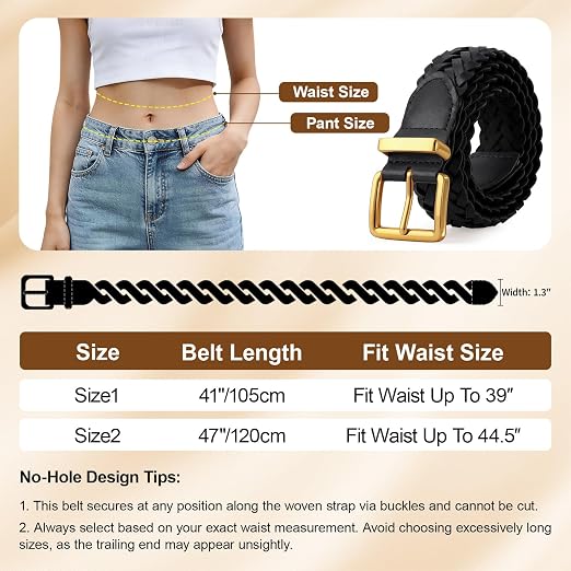 Women's Braided Woven Belt with Gold Buckle | Adjustable